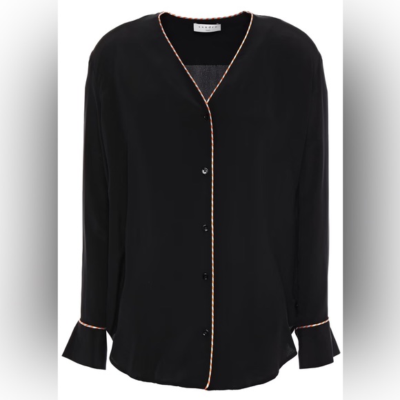 Sandro Paris ‘Paul’ Piped Silk V-Neck Blouse Black Size 1 / Small - Picture 2 of 12